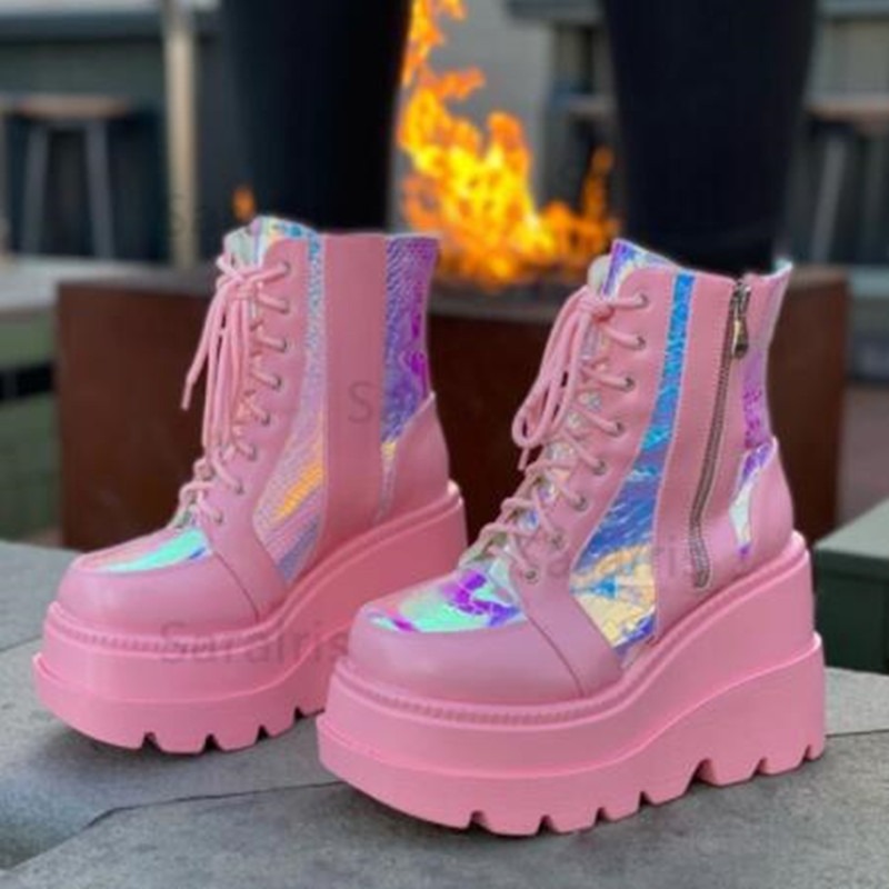 Block Heel Ankle Boots - Женские розовые голографические ботильоны на платформе,