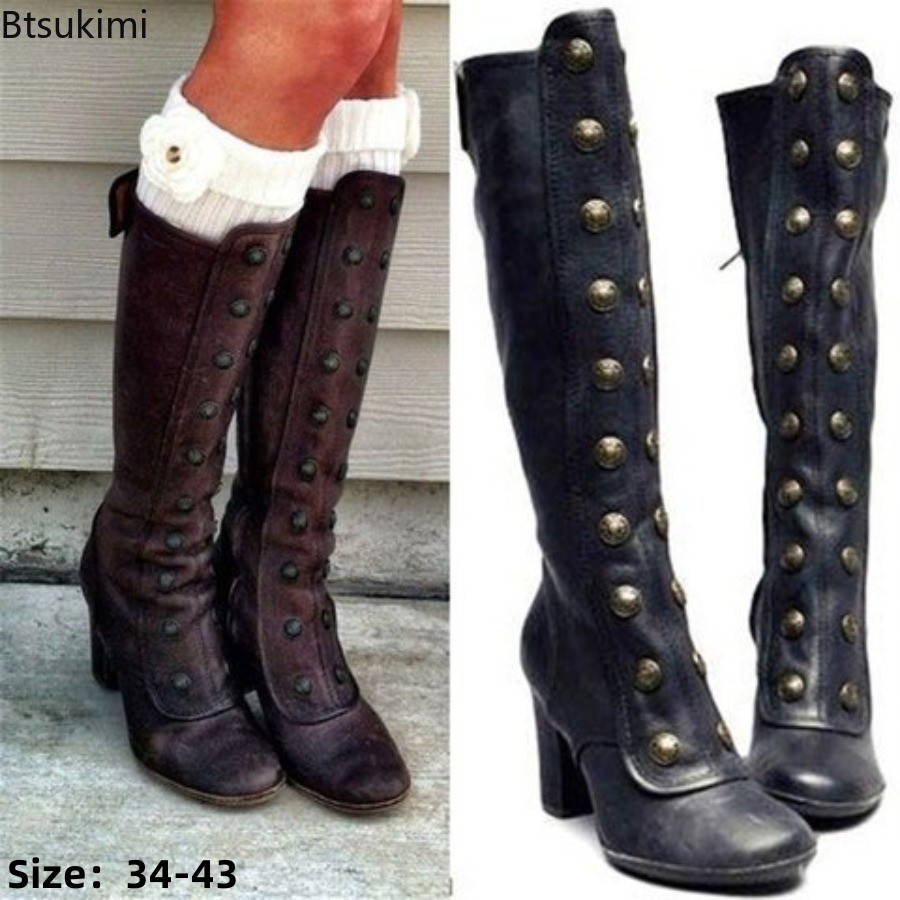 High Knee Heel Boots - Ретро черные модные сапоги с заклепками