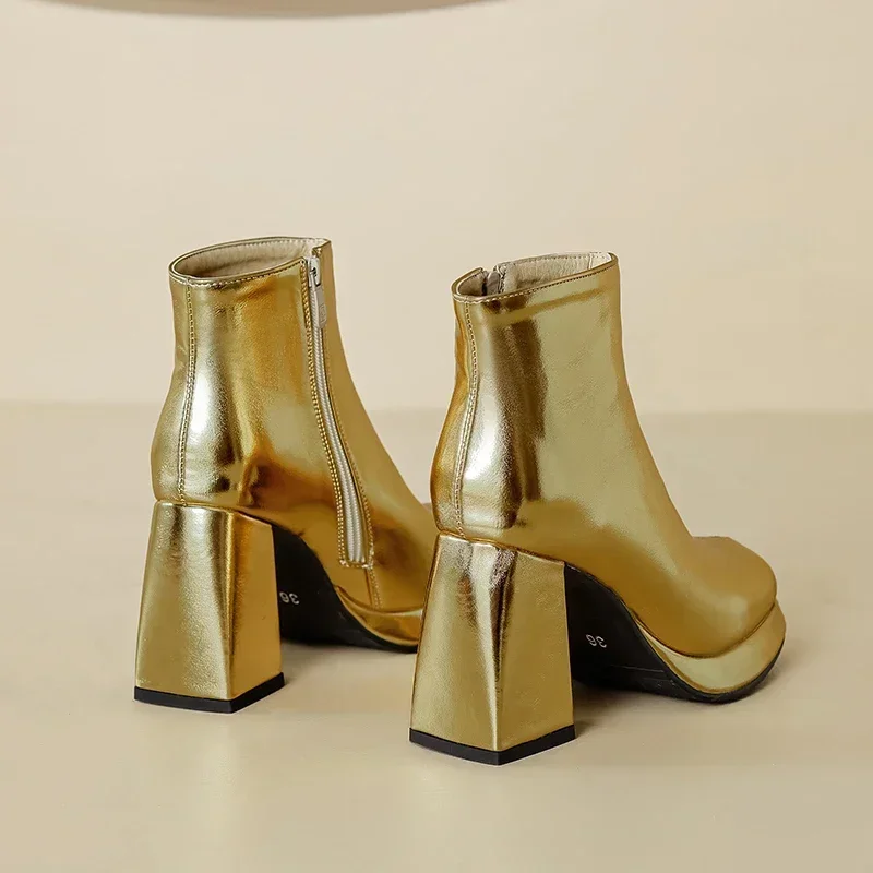 Блестящие серебряные, золотые, – обзор и цена Block Heel Ankle Boots